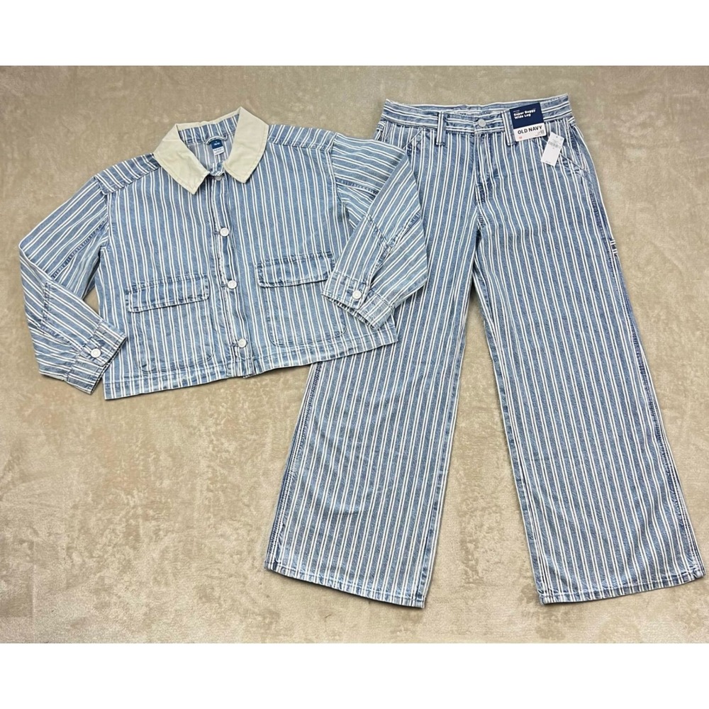 Old Navy Kids Blue White Stripe Denim Jacket and Wide Leg Baggy Pants Set 12 L